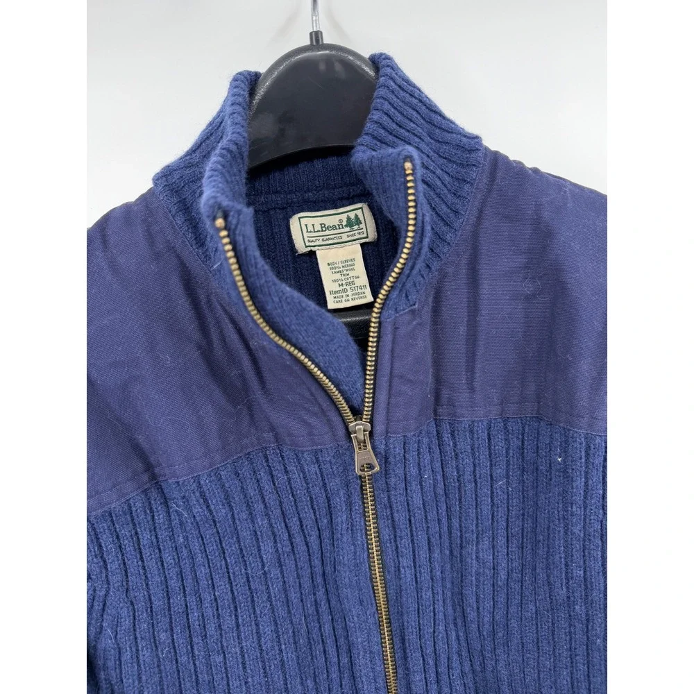 LL Bean Mens Commando Sweater Navy Blue Merino Lambswool Full Zip Cardigan M-REG